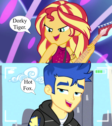 Size: 1920x2160 | Tagged: safe, edit, edited screencap, imported from derpibooru, screencap, flash sentry, sunset shimmer, human, best trends forever, equestria girls, equestria girls series, spring breakdown, spoiler:eqg series (season 2), bedroom eyes, camera, electric guitar, female, flashimmer, guitar, male, musical instrument, nickname, shipping, shipping domino, speech bubble, straight