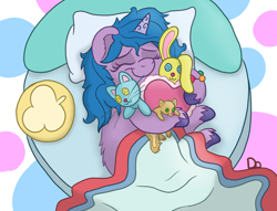 Size: 2252x1724 | Tagged: safe, artist:doodledonutart, imported from derpibooru, izzy moonbow, pony, unicorn, abstract background, bed, blanket, button eyes, cuddling, cute, daaaaaaaaaaaw, doodledonutart is trying to murder us, female, fluffy, g5, heart, heart pillow, izzybetes, mare, pillow, plushie, sleeping, smiling, solo, toy, weapons-grade cute
