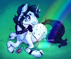 Size: 1751x1456 | Tagged: safe, artist:mortepuppy, imported from derpibooru, oc, oc only, pony, unicorn, cellphone, chains, coat markings, collar, facial hair, facial markings, goatee, headphones, male, music player, phone, rainbow, smartphone, spiked collar, spiked wristband, stallion, unshorn fetlocks, wristband