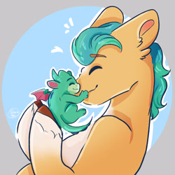 Size: 3000x3000 | Tagged: safe, artist:galaxiastar1, imported from derpibooru, hitch trailblazer, dragon, earth pony, pony, baby, baby dragon, duo, duo male, eyebrows, eyebrows visible through hair, father and child, father and son, g5, hug, male, my little pony: make your mark, papa hitch, smiling, smol, sparky sparkeroni, stallion