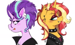 Size: 1800x1080 | Tagged: safe, artist:dsstoner, artist:hrukii, imported from derpibooru, starlight glimmer, sunset shimmer, pony, unicorn, equestria girls, choker, clothes, crucifix, curved horn, duo, duo female, ear piercing, earring, edgelight glimmer, emo, eyebrow piercing, female, horn, jacket, jewelry, leather jacket, lip piercing, mare, piercing, skull, snake bites, spiked choker, teenage glimmer, tongue out