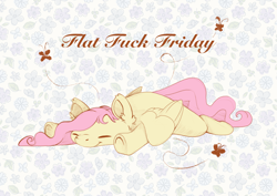 Size: 4096x2896 | Tagged: safe, artist:cutepencilcase, imported from derpibooru, part of a set, fluttershy, pegasus, pony, ear fluff, eyes closed, female, flat fuck friday, high res, lying down, patterned background, prone, smiling, solo, sploot, underhoof, vulgar