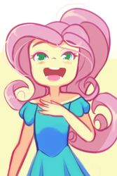 Size: 1020x1530 | Tagged: safe, artist:drantyno, imported from derpibooru, fluttershy, human, equestria girls, blushing, clothes, cute, dress, hand on chest, open mouth, simple background, smiling, solo, teeth, volumetric mouth, younger