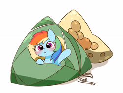 Size: 3500x2665 | Tagged: safe, artist:leo19969525, imported from derpibooru, rainbow dash, pony, blushing, cute, dashabetes, dragon boat festival, hair, looking at you, multicolored hair, rainbow hair, rice dumplings, simple background, smiling, smiling at you, solo, white background