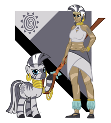 Size: 5000x5500 | Tagged: safe, artist:deroach, imported from derpibooru, zecora, human, abstract background, clothes, duo, duo female, equestria project humanized, female, humanized, show accurate, simple background, staff, transparent background, vector