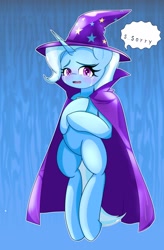 Size: 1342x2048 | Tagged: safe, artist:zeon_starlight, imported from derpibooru, trixie, pony, unicorn, bipedal, blue background, cape, clothes, crying, cute, female, hat, horn, looking at you, mare, simple background, solo, sorry, speech bubble, teary eyes, trixie's cape, trixie's hat