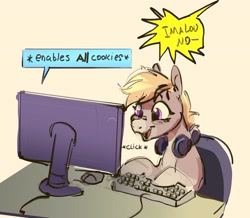 Size: 3001x2617 | Tagged: safe, artist:alumx, imported from derpibooru, oc, oc only, oc:cookie malou, earth pony, pony, beige background, chair, computer, headphones, pun, simple background, solo, table