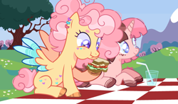 Size: 2865x1685 | Tagged: safe, artist:kurosawakuro, imported from derpibooru, oc, oc only, oc:dark chocolate strawberry, oc:sugar cookie (fluffyblakeboyo), pegasus, pony, unicorn, female, food, lying down, mare, picnic blanket, prone, sandwich