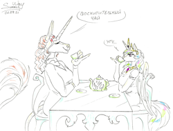 Size: 1200x914 | Tagged: safe, artist:sunny way, imported from derpibooru, princess celestia, oc, oc:kelesta, alicorn, anthro, horse, alacorna, duo, equis universe, female, food, horn, mare, party, royal, size difference, tail, tea, traditional art, wings