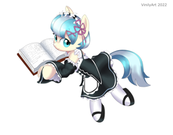 Size: 3168x2480 | Tagged: safe, artist:vinilyart, imported from derpibooru, coco pommel, earth pony, pony, book, clothes, cosplay, costume, maid, re:zero, rem, simple background, solo, white background