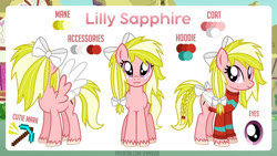 Size: 1191x671 | Tagged: safe, artist:jennieoo, imported from derpibooru, oc, oc only, oc:lily sapphire, pegasus, pony, bow, braid, braided tail, clothes, colored wings, female, freckles, front view, hair bow, hoodie, hooves, mare, pegasus oc, reference sheet, show accurate, smiling, solo, spread wings, standing, tail, tail bow, three quarter view, two toned mane, two toned tail, unshorn fetlocks, wings