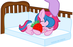 Size: 1100x719 | Tagged: safe, artist:jennieoo, imported from derpibooru, twilight sparkle, oc, oc:star sparkle, pony, unicorn, baby, baby pony, cute, female, filly, foal, food, patreon gift, plushie, show accurate, simple background, sleeping, strawberry, transparent background, vector