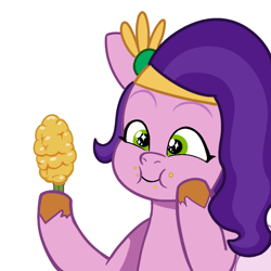 Size: 600x600 | Tagged: safe, artist:cheeseburger, imported from derpibooru, pipp petals, pegasus, pony, adorapipp, corn, cute, eating, female, food, g5, headband, herbivore, mare, my little pony: tell your tale, simple background, smiling, solo, white background, wings