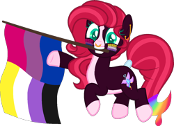 Size: 1280x932 | Tagged: safe, alternate version, artist:yeetmedownthestairs, imported from derpibooru, oc, oc only, oc:painted lilly, earth pony, pony, bisexual pride flag, commission, ear piercing, earring, face paint, flag, grin, jewelry, markings, mouth hold, nonbinary, nonbinary pride flag, nose piercing, nose ring, piercing, pride, pride flag, pride month, raised hoof, raised leg, simple background, smiling, solo, tail, tail wrap, transparent background, ych result
