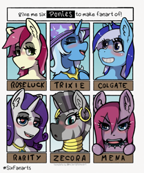 Size: 1715x2048 | Tagged: safe, artist:husdur, imported from derpibooru, minuette, pinkie pie, rarity, roseluck, trixie, zecora, earth pony, unicorn, zebra, six fanarts, blushing, challenge, choker, eyes closed, grin, heart eyes, lidded eyes, looking at you, pinkamena diane pie, smiling, spiked choker, wingding eyes