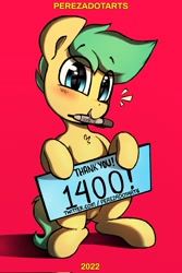 Size: 1365x2048 | Tagged: safe, artist:perezadotarts, imported from derpibooru, oc, oc only, oc:pen sketchy, earth pony, pony, blushing, colored, cute, digital art, drawing, earth pony oc, holding, looking at you, male, milestone, mouth hold, red background, sharpie, sign, simple background, sitting, smiling, smiling at you, solo, text