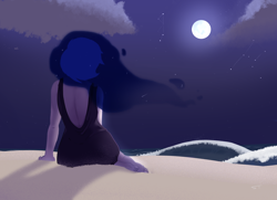 Size: 1800x1300 | Tagged: safe, artist:storyteller, imported from derpibooru, princess luna, human, barefoot, beach, clothes, cloud, dress, feet, humanized, moon, night, ocean, sand, sitting, sky, solo, stars, water, wave