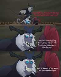 Size: 2000x2516 | Tagged: safe, edit, edited screencap, imported from derpibooru, screencap, storm king, tempest shadow, pony, unicorn, yeti, my little pony: the movie, spoiler:amphibia, amphibia, antagonist, armor, balcony, broken horn, caption, claws, comic, crown, evil grin, fangs, female, grin, horn, horns, jewelry, king andrias leviathan, marcy wu, mare, raised eyebrow, raised leg, reference, regalia, screencap comic, smiling, spoilers for another series, staff, staff of sacanas, storm king's emblem, tail, text, wind