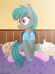 Size: 3016x4032 | Tagged: safe, artist:rainbowšpekgs, imported from derpibooru, oc, oc:malachite cluster, bat pony, pony, :p, bat pony oc, bed, chest fluff, clothes, cute, male, pillow, shirt, shirt pull, sitting, socks, solo, stallion, tongue out