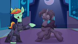 Size: 3192x1820 | Tagged: safe, artist:moonatik, imported from derpibooru, oc, oc only, oc:grim fate, unnamed oc, pony, unicorn, alternate timeline, angry, armor, bag, banner, boots, carpet, castle, castle of the royal pony sisters, clothes, eyes closed, military uniform, new lunar millennium, nightmare takeover timeline, petrification, raised hoof, saddle bag, shoes, smiling, soldier, spotlight, tapestry, uniform