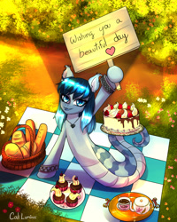 Size: 2000x2500 | Tagged: safe, artist:cali luminos, imported from derpibooru, oc, oc only, oc:opal brona, hybrid, lamia, original species, snake, bread, cake, creature, cute, female, food, garden, picnic blanket, sign, solo