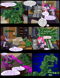 Size: 1042x1358 | Tagged: safe, artist:dendoctor, imported from derpibooru, doctor whooves, mean twilight sparkle, pinkie pie, time turner, twilight sparkle, alicorn, earth pony, pegasus, pony, comic:clone.., alternate universe, blast, clone, comic, couch, discord whooves, discorded whooves, doctor who, female, glowing, glowing horn, homunculus, horn, magic, magic beam, magic blast, male, pinkie clone, sonic screwdriver, the doctor, twilight sparkle (alicorn)