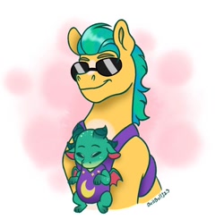 Size: 1248x1224 | Tagged: safe, artist:bella-pink-savage, imported from derpibooru, hitch trailblazer, dragon, earth pony, pony, baby, baby carrier, baby dragon, duo, father and child, father and son, g5, male, my little pony: make your mark, papa hitch, smiling, sparky sparkeroni, stallion, sunglasses