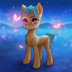 Size: 1432x1428 | Tagged: safe, artist:omnanya, imported from derpibooru, hitch trailblazer, butterfly, earth pony, pony, g5, male, my little pony: a new generation, night, night sky, sky, solo, stallion, stars