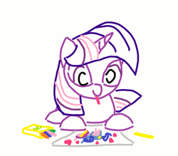 Size: 800x700 | Tagged: safe, artist:purblehoers, imported from derpibooru, twilight sparkle, pony, unicorn, crayons, drawing, female, filly, filly twilight sparkle, foal, heart, mouth hold, ms paint, paper, simple background, smiling, solo, unicorn twilight, white background, younger