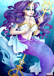 Size: 1024x1449 | Tagged: safe, artist:sk-ree, imported from derpibooru, rarity, human, mermaid, blue eyes, blue mane, bubble, crepuscular rays, eyelashes, female, fins, fish tail, horn, horned humanization, humanized, jewelry, looking at you, mermaid tail, mermaidized, necklace, ocean, pearl necklace, smiling, solo, species swap, sunlight, tail, underwater, water