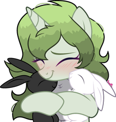 Size: 1481x1565 | Tagged: safe, artist:kurosawakuro, artist:mint-light, imported from derpibooru, oc, oc only, oc:matcha greens, pony, rabbit, unicorn, animal, base used, female, hug, mare, simple background, solo, transparent background