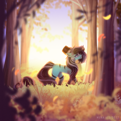 Size: 2000x2000 | Tagged: safe, artist:muna, imported from derpibooru, oc, oc only, oc:purapoint, earth pony, pony, blue pony, blurry background, detailed background, ear fluff, earth pony oc, forest, glasses, grass, hat, high res, long mane, long tail, looking around, male, pony oc, solo, stallion, stripes, tail, top hat, tree