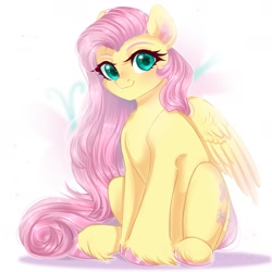 Size: 1800x1800 | Tagged: safe, artist:kawi_pie, imported from derpibooru, fluttershy, pegasus, pony, blushing, cheek fluff, colored hooves, colored pupils, cute, cutie mark background, ear fluff, female, looking at you, mare, partially open wings, shyabetes, sitting, smiling, solo, unshorn fetlocks, wings