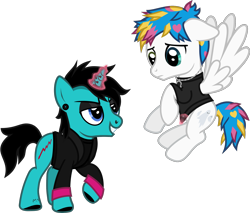 Size: 1793x1528 | Tagged: safe, artist:lightningbolt, derpibooru exclusive, imported from derpibooru, part of a set, pegasus, pony, unicorn, .svg available, as it is, awsten knight, clothes, crack shipping, duo, duo male, dyed mane, dyed tail, ear piercing, eyeliner, eyeshadow, floppy ears, flying, glow, glowing horn, heterochromia, hoof polish, horn, horn piercing, jacket, jewelry, long sleeves, magic, makeup, male, necklace, nose piercing, patty walters, piercing, ponified, raised hoof, shipping, shirt, spread wings, stallion, svg, t-shirt, tail, tattoo, undershirt, vector, waterparks, wings