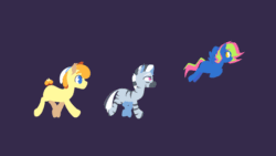 Size: 1280x720 | Tagged: safe, artist:storyteller, imported from derpibooru, oc, oc:iin, oc:omelette, oc:rowdy spout, earth pony, pegasus, zebra, animated, cute, flying, lineless, loop, simple background, walking