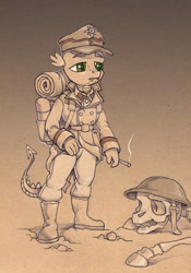 Size: 715x1024 | Tagged: safe, artist:tass_the_bovine, imported from derpibooru, spike, anthro, dragon, boots, cigarette, clothes, dead, helmet, sepia, shoes, skull, smoking, soldier