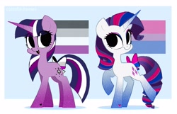 Size: 3351x2154 | Tagged: safe, artist:syrupyyy, imported from derpibooru, rarity, twilight sparkle, pony, unicorn, abstract background, alternate cutie mark, alternate hairstyle, asexual, asexual pride flag, bisexual pride flag, bisexuality, bow, duo, duo female, eyeliner, female, headcanon, lgbt, lgbt headcanon, makeup, mare, pride, pride flag, simple background, tail, tail bow