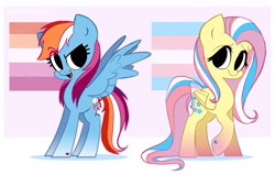 Size: 2673x1704 | Tagged: safe, artist:syrupyyy, imported from derpibooru, fluttershy, rainbow dash, pegasus, pony, abstract background, alternate cutie mark, alternate hairstyle, bow, duo, duo female, eye clipping through hair, eyebrows, eyebrows visible through hair, female, headcanon, lesbian, lesbian pride flag, lgbt, lgbt headcanon, pride, pride flag, simple background, smiling, tail, tail bow, trans female, transgender, transgender pride flag