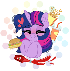 Size: 2022x2048 | Tagged: safe, artist:emberslament, edit, editor:unofficial edits thread, imported from ponybooru, twilight sparkle, unicorn, adorkable, blushing, burger, cute, dork, female, food, french fries, happy, hay burger, heart, ketchup, mare, onion horseshoes, sauce, soda, that pony sure does love burgers, unicorn twilight