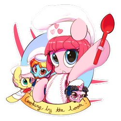 Size: 1920x1920 | Tagged: safe, artist:vultraz, fluttershy, pinkie pie, rainbow dash, twilight sparkle, earth pony, pegasus, pony, unicorn, alternate hairstyle, baking, bowtie, chef's hat, clothes, cooking by the book, costume, dress, female, hat, lazytown, looking at you, mare, pixel (lazytown), simple background, smiling, spoon, stephanie meanswell, stingy (lazytown), text, transparent background, ziggy (lazytown)