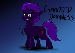 Size: 4961x3508 | Tagged: safe, artist:memprices, derpibooru exclusive, imported from derpibooru, oc, oc only, oc:corrupted darkness, pony, unicorn, absurd resolution, evil grin, eyebrows, giveaway, gradient background, grin, horn, looking at you, male, raised eyebrow, signature, smiling, smiling at you, solo, stallion, standing, unicorn oc