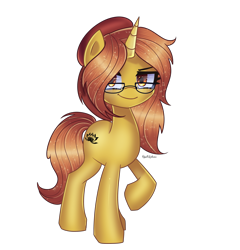 Size: 2800x2920 | Tagged: safe, artist:opal_radiance, imported from derpibooru, oc, oc only, unnamed oc, pony, unicorn, beanie, eyebrows, female, glasses, hat, high res, horn, looking at you, mare, raised hoof, simple background, smiling, smiling at you, smirk, solo, transparent background, unicorn oc