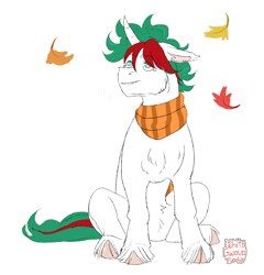 Size: 1280x1331 | Tagged: safe, artist:whitegwava, imported from derpibooru, gusty, pony, unicorn, autumn, clothes, cute, female, g1, gustybetes, leaves, mare, scarf, simple background, smiling, snaggletooth, solo, striped scarf, unshorn fetlocks, white background