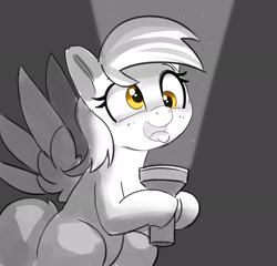 Size: 3000x2876 | Tagged: safe, artist:pabbley, imported from derpibooru, derpy hooves, pegasus, pony, cute, derpabetes, female, flashlight (object), gray background, grayscale, hoof hold, making faces with a flashlight, mare, missing cutie mark, monochrome, open mouth, open smile, partial color, silly, simple background, smiling, solo, tongue out