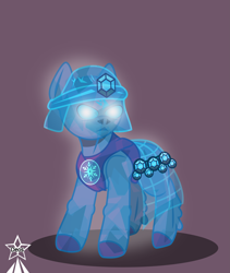 Size: 4245x5021 | Tagged: safe, artist:devorierdeos, imported from derpibooru, crystal pony, golem, pony, undead, fallout equestria, cape, clothes, crystal, crystal empire, crystal empire emblem, diamond, emblem, glowing, glowing eyes, helmet, looking at you