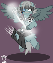 Size: 4245x5021 | Tagged: safe, artist:devorierdeos, imported from derpibooru, pegasus, pony, fallout equestria, armor, electronic device, enclave, facial hair, grand pegasus enclave, helmet, lightning, magic armor, magic stone, moustache, powerful physique, quiver, simple background, soaring, spread wings, throwing lightning, thunderer, wings