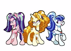 Size: 1250x900 | Tagged: safe, artist:galaxydream22, imported from derpibooru, adagio dazzle, aria blaze, sonata dusk, earth pony, pegasus, pony, unicorn, equestria girls, female, gem, mare, ponified, simple background, siren gem, the dazzlings, white background