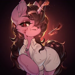 Size: 2048x2048 | Tagged: safe, artist:minekoo2, imported from derpibooru, oc, oc only, oc:claret heartthrob, pony, unicorn, amulet, blood, chaos, chaos star, doctor, ear piercing, eyeshadow, fanfic art, female, hair over one eye, horn, horn piercing, jewelry, makeup, piercing, scalpel, solo, surgeon, this will end in tears, unicorn oc