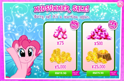 Size: 1036x677 | Tagged: safe, imported from derpibooru, pinkie pie, earth pony, pony, advertisement, costs real money, gameloft, gem, greedloft, midsummer, official, sale
