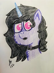 Size: 3024x4032 | Tagged: safe, artist:jesslmc16, imported from derpibooru, izzy moonbow, pony, unicorn, black eyeshadow, black lipstick, chest fluff, choker, colored pencil drawing, emo, eyeshadow, g5, goth, goth izzy, lipstick, makeup, solo, traditional art